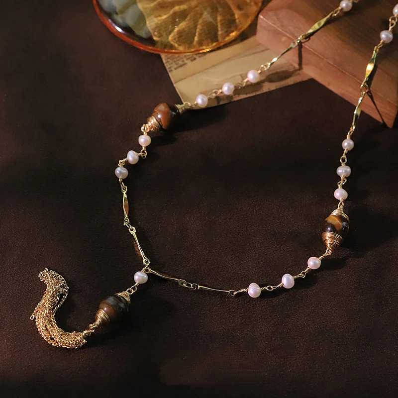 Collar con borlas de ojo de tigre y perlas naturales de agua dulce para mujer, collares con colgante de cadena de clavícula versátil, regalos de joyería