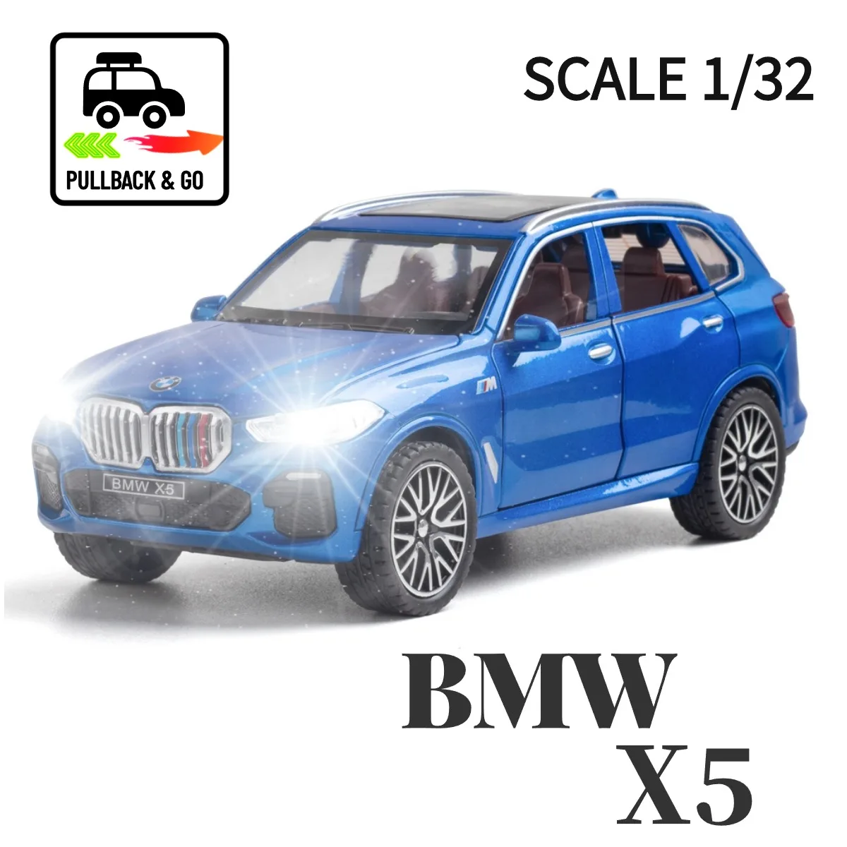 

1:32 BMW X5 Pullback Car Toy with Lights Engine Sound, Toyota Suzuki Audi Scale Diecast Car Model Replica Kid Boy Play Gift