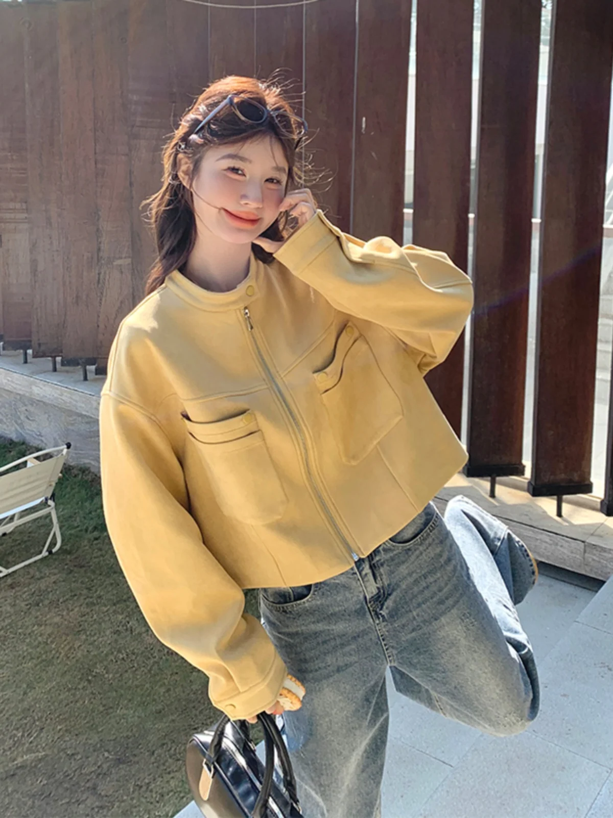 

Желтая женская куртка из оленьей кожи с воротником-стойкой, модная универсальная верхняя одежда для весны и осени