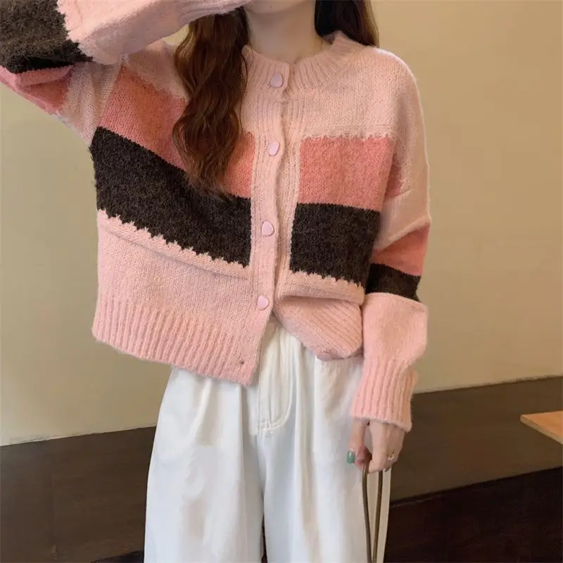 Women Autumn Fashion Striped Vintage Loose O-neck Long Sleeve Knitwear Ladies Office Lady All-match Knitting Cardigan Coat Tops