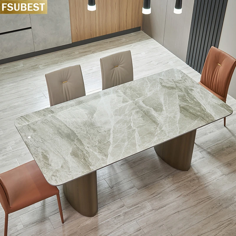 FSUBEST Luxury Rock Slab Kitchen Dining Table And 6 Chairs Set Stainless Steel Bronze Base Faux Marble Top Tables Moveis Casa