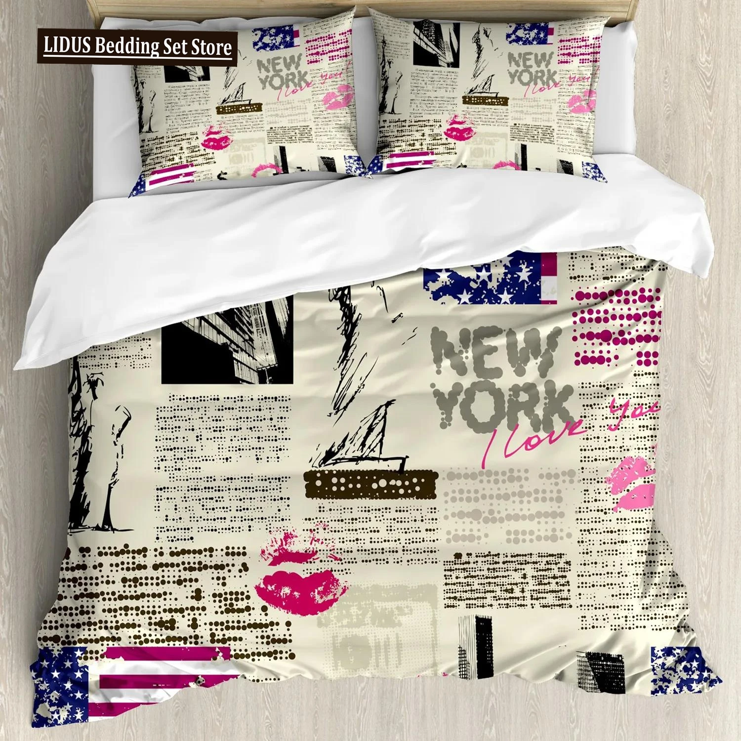 

United States Duvet Cover Set Newspaper New York With Texts Lipstick Vintage Bedding Set Double Queen King Polyester Qulit Cover