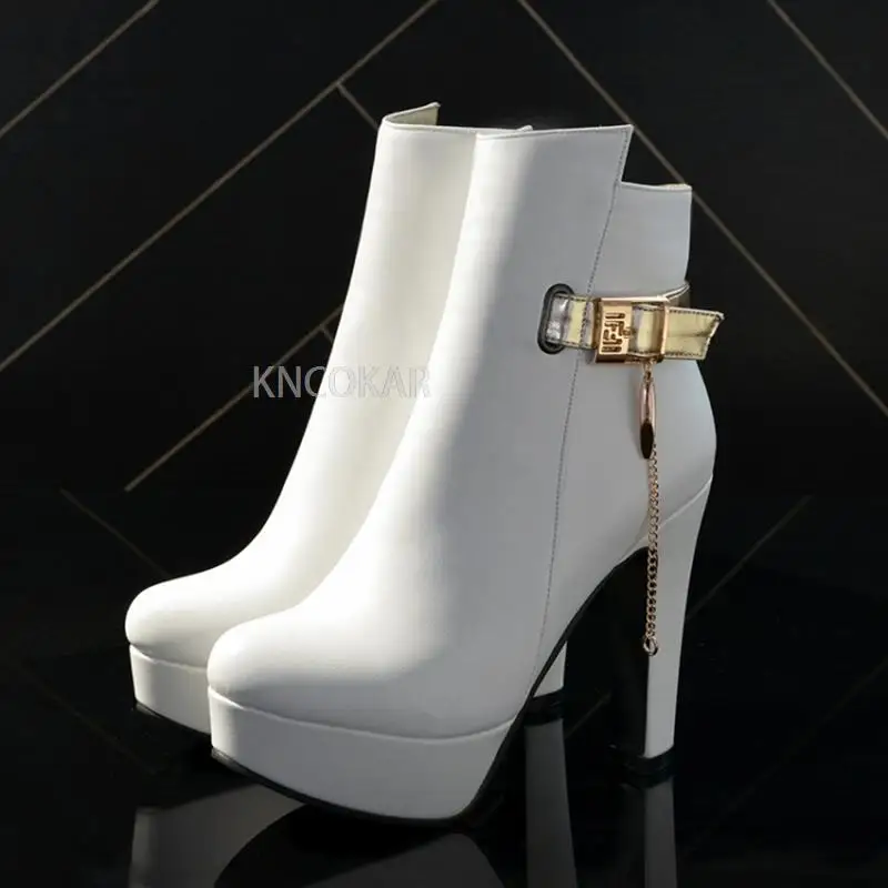 Fashion Ankle Boots For Women High Heels Buckle Motorcycle Boots Platform Black White pu Leather Party Shoes Woman