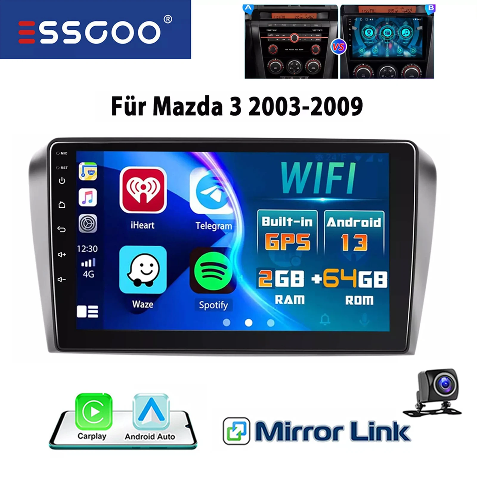 ESSGOO 9" 2 DIN HD Touchscreen Display voor Mazda 3 2003-2009 Android 13 Autoradio Wireless CarPlay GPS Navigatie Stereo Bluetooth FM WIFI RDS Multimedia Video Speler 32G/64G 4 Core
