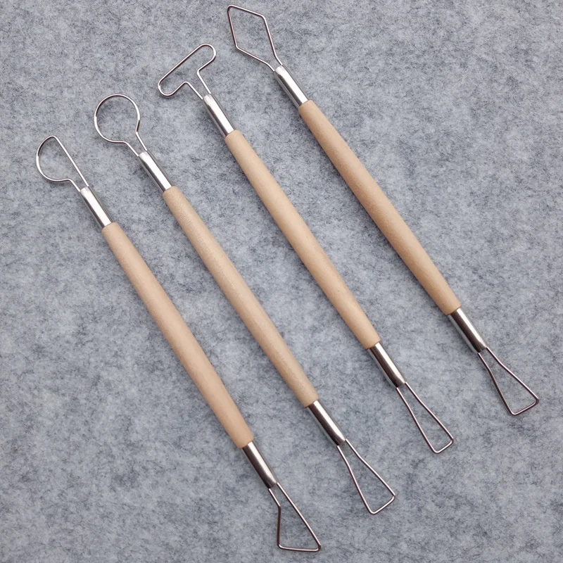 4Pcs/set Wood Handle Wax Pottery Clay Sculpture Carving Tool DIY Craft Set Wood Knife Double End Art Craft Clay Sculpting Tools