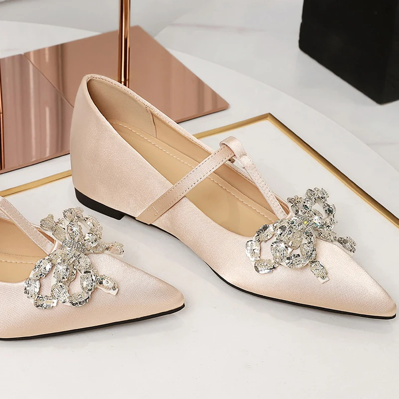 

Роскошные женские туфли-лодочки со стразами и бантом, женская обувь на танкетке, шелковые атласные женские туфли, Т-образный ремешок с пряжкой, банкетные туфли