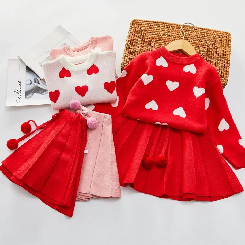 Fall/Winter 2024 New Love Sweater Set Girls' Clothing Sets Baby Pullover Top + Pleated Skirt Set Cute Girls Fashion Kids Outfit