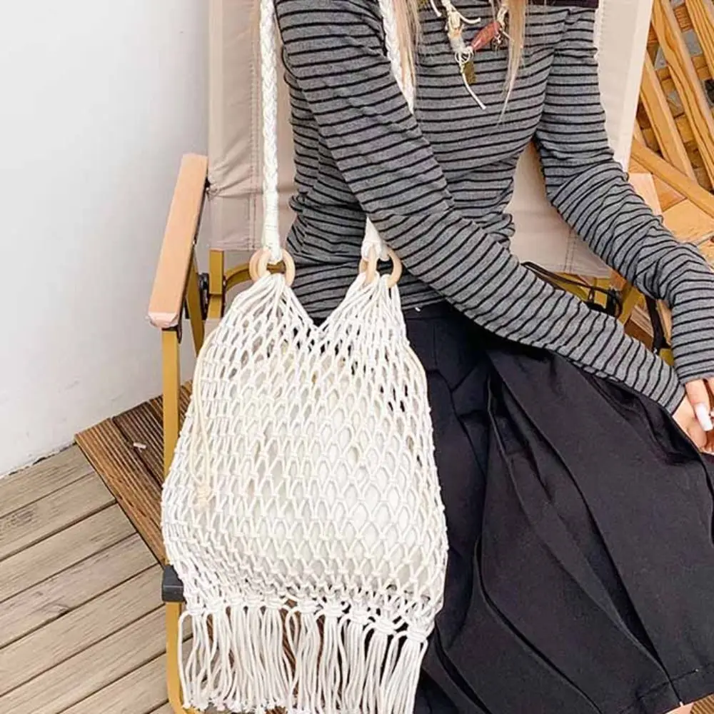 

Hollow Out Cotton Thread Woven Bag Beach Handbag Tote Bag Tassel Beach Bag Bohemian Style Large Capacity Hollow Shoulder Bag