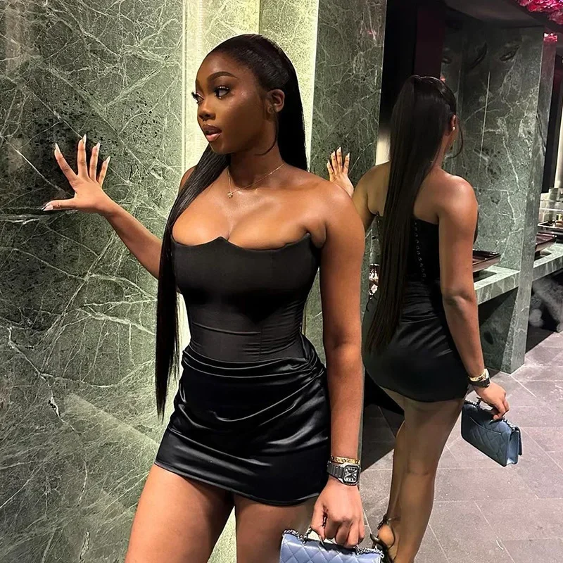 

Summer Mini Dress Off Shoulder Chest Wrapping Fashion Black Slim fitting waistband short skirt Sexy Clothing Sleeveless