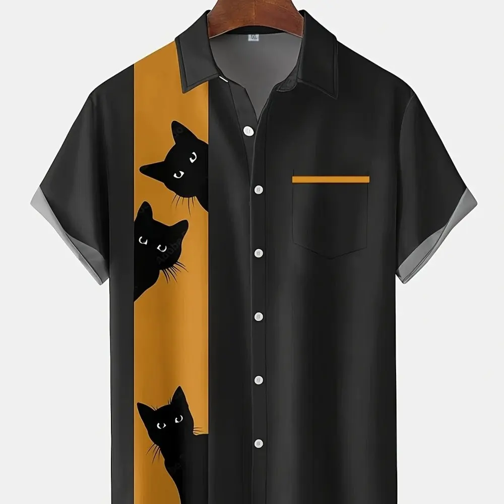 Chemise imprimée de dessin animé de chat] grande taille impression numérique 3D dessin animé amusant chemise à manches courtes pour hommes chemise de vacances hawaïenne de mode