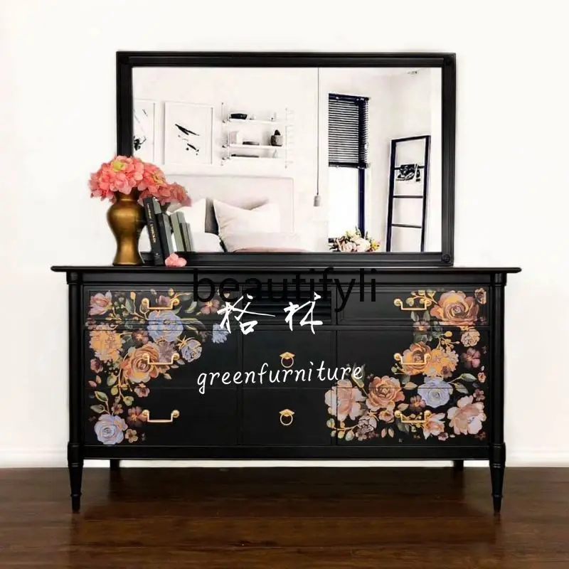 

French Retro Solid Wood Hand-painted Dressing Table Chest of Drawers Entryway Cabinet American Entryway Storage Cabinet