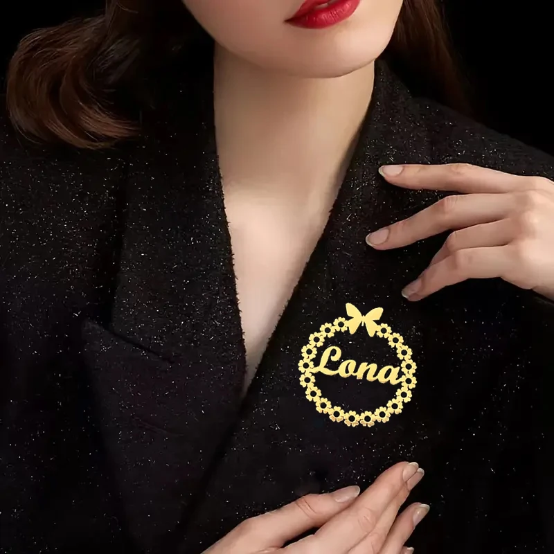 Custom Name Wreath Butterfly Brooch Personalized Nameplate Stainless Steel Pin Jewelry Gift For Wedding Bride