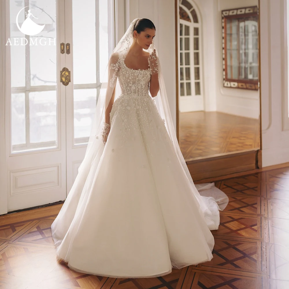 

Aedmgh A-Line Elegant Wedding Dresses Boat Neck Sleeveless Vestido De Novia Lace Beaded Flowers Glitter Custom Made Bridal Gown