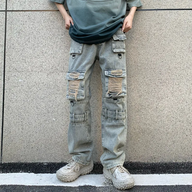 

2023 Kanye Pockets Y2K Streetwear Ripped Jeans Cargo Pants For Men Clothing Straight Vintage Hip Hop Denim Trousers Ropa Hombre