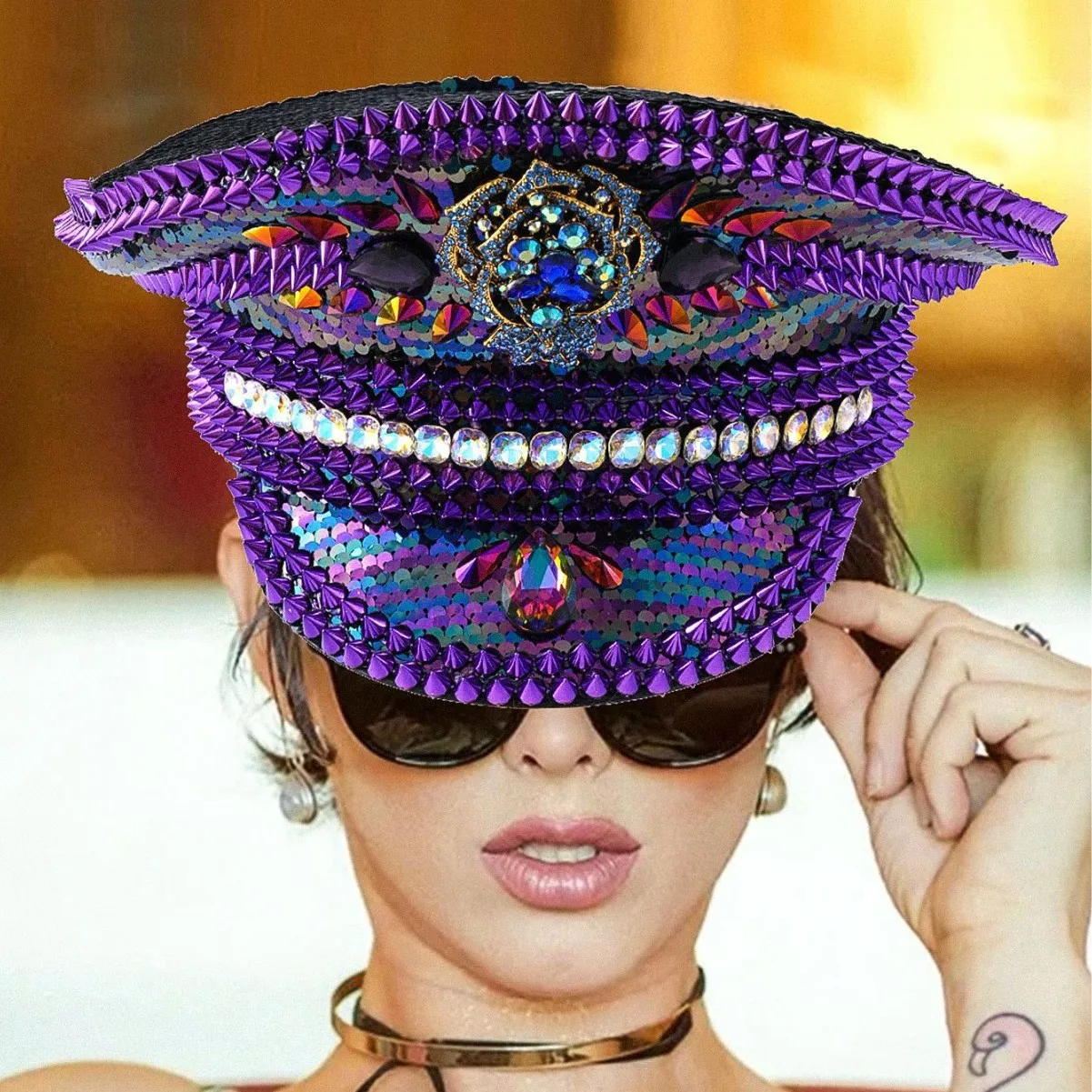 HongLuan Luxury Purple Captain Hat Rhinestone for Burningman Festival Woman, Vintage Military Accessories & Military Cap Man