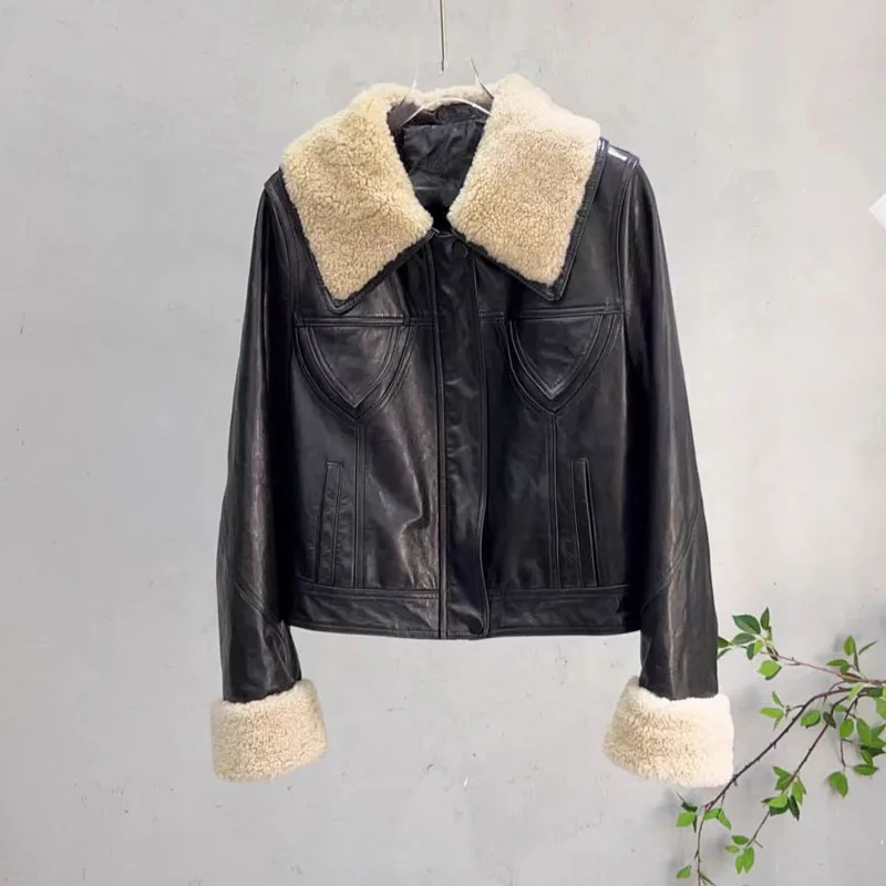 Genuine Leather Jacket With Wool Collar Short Length Women Coat Winter Thick Warm Female Clothes High Quality Pocket Decoration