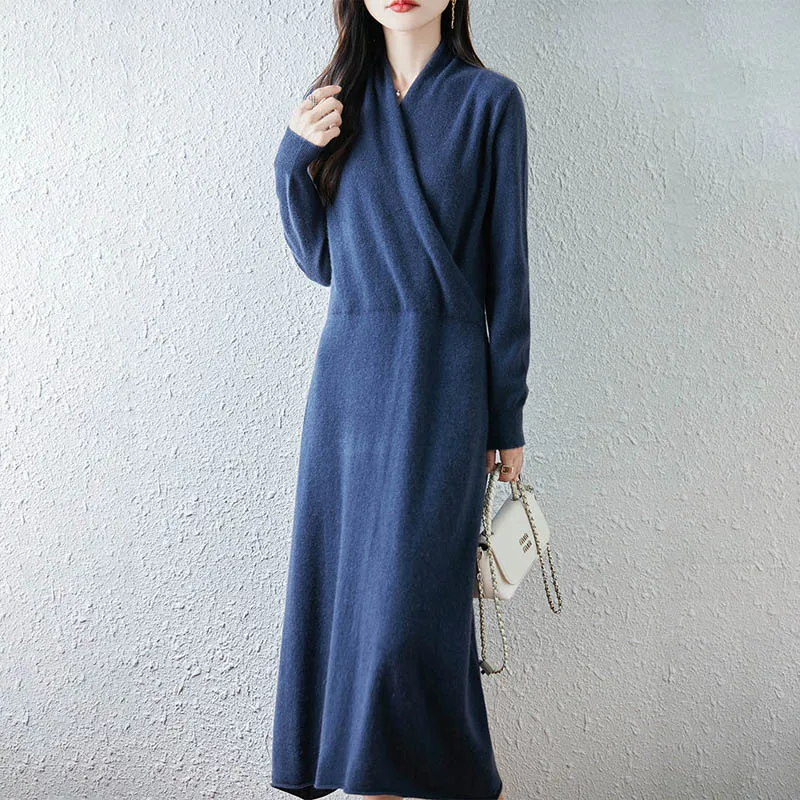 

100% Merino Wool Sweater Dress Women Cross V-neck Pullover Autumn Winter Curled Hem A-Line Knitwear Cashmere Long Straight Skirt