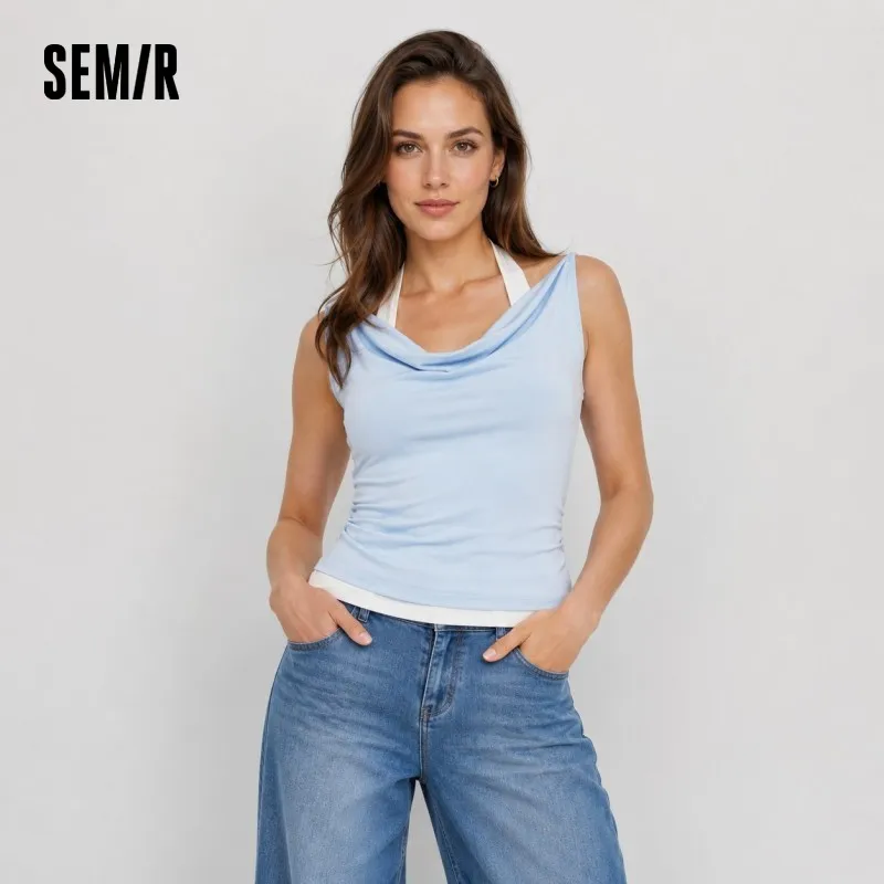Semir Women Tshirt Short Length Halter Neck Draped Collar Fake Two Piece Slim Fit Stylish 2026 Summer Fashion Casual Top