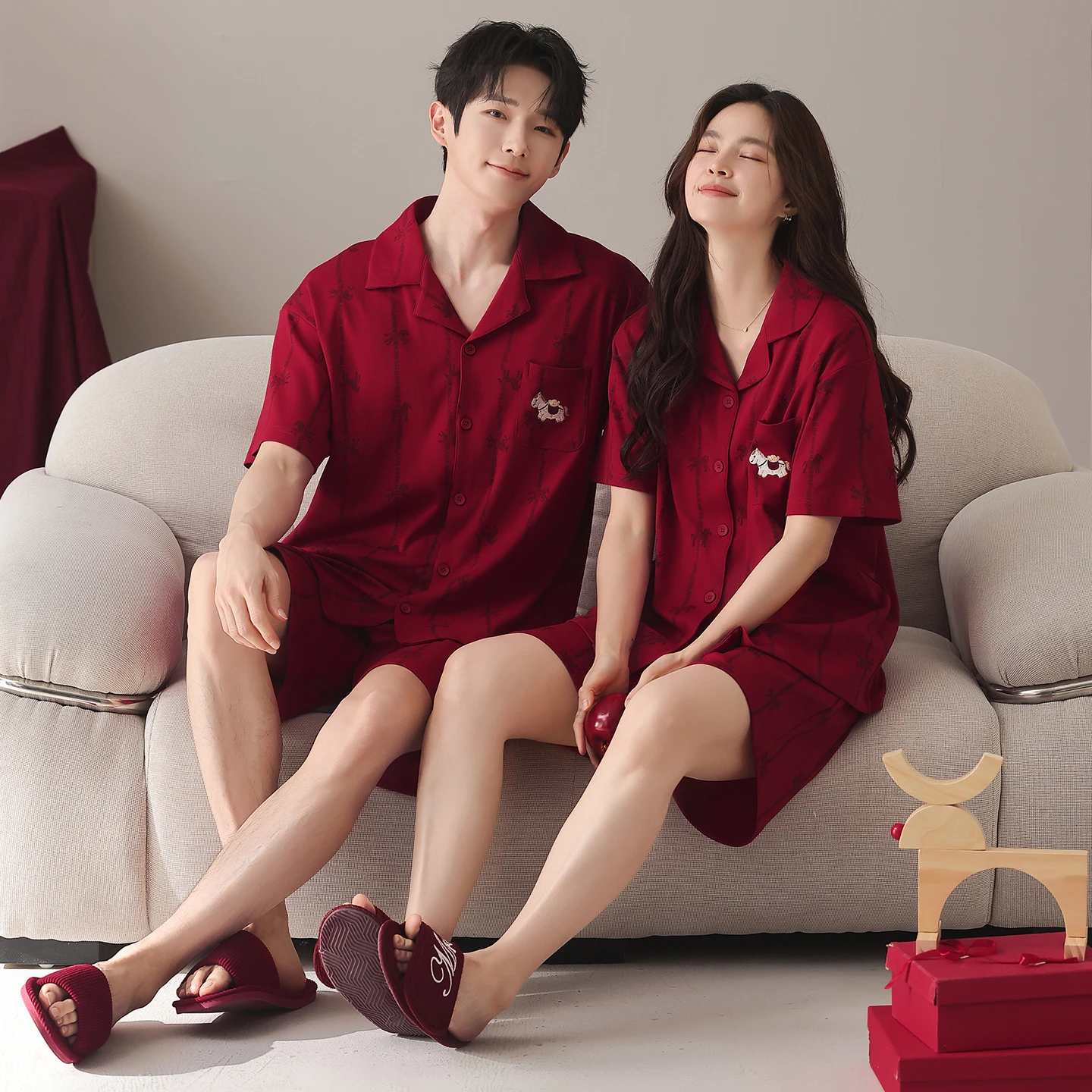 Summer Couple Turn-down Collar Pajamas Set Men Knited Cotton Short Sleeve Pijamas Women Cute Cartoon Sleepwear