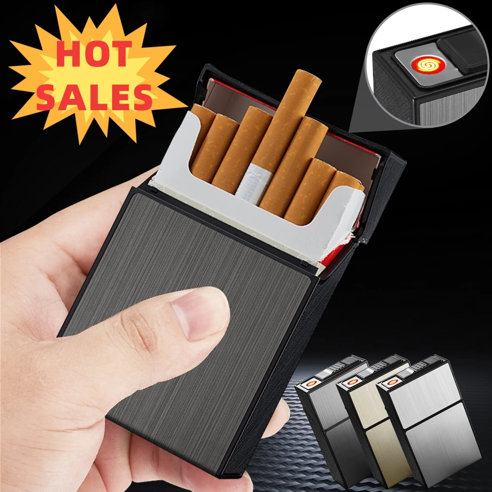 

New Creative Portable USB Charging Lighter 2-in-1 Cigarette Box Metal Cigarette Box Flameless and Windproof Cigar Clip Box