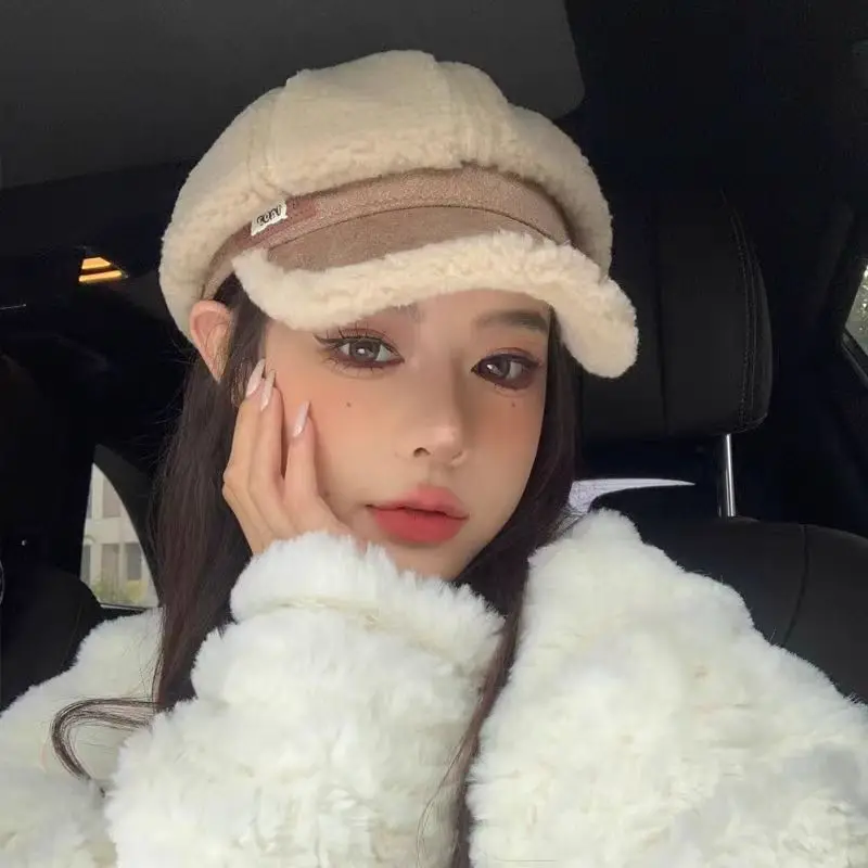 

Women Lamb Fleece Duckbill Hats Thicken Warm Octagonal Newsboy Beret Cap Cold-proof Plush Artist Painter Caps Fashion New Style