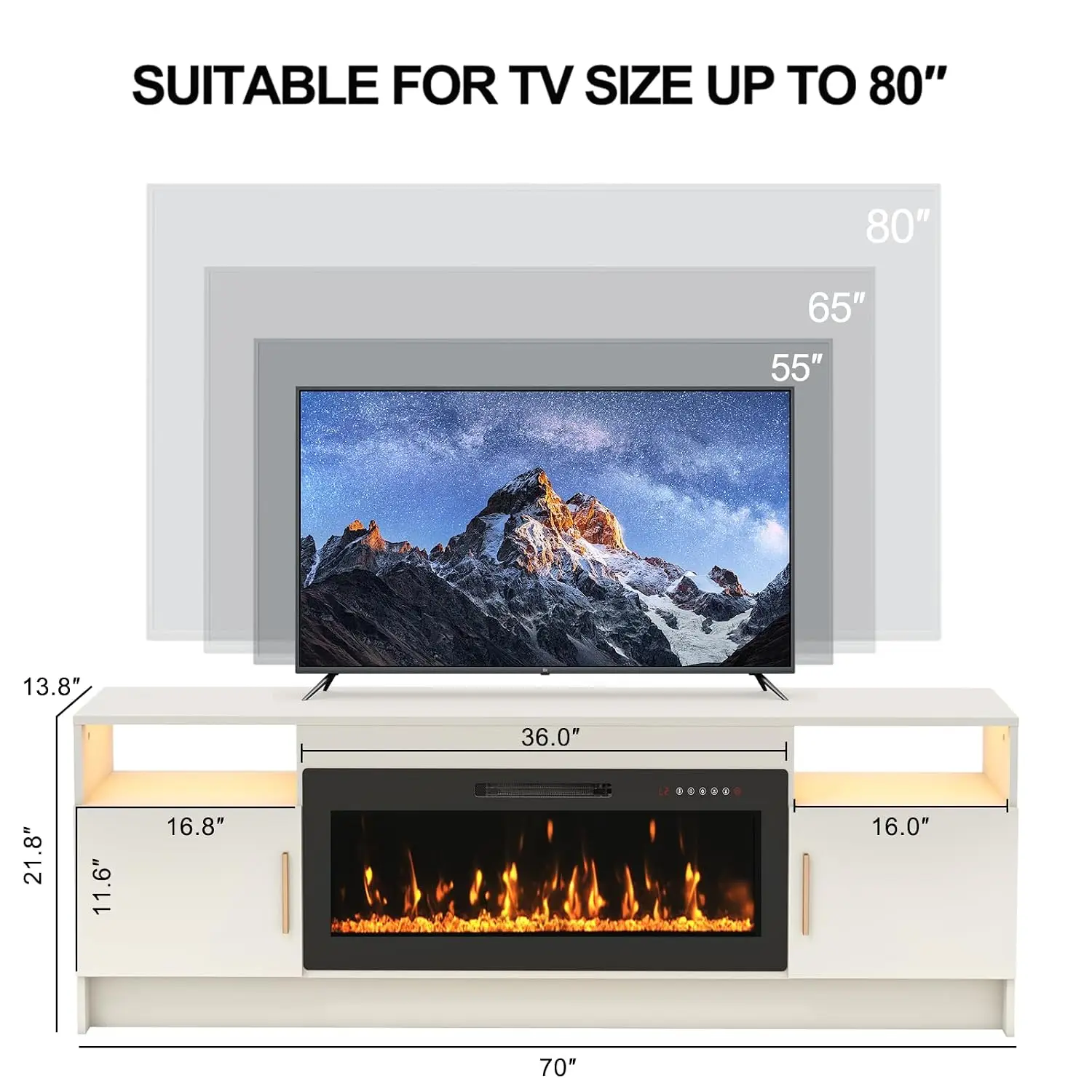 Electric Fireplace TV Stand LED Lights Entertainment Center 80 inch TV Console Living Room Storage, Customized