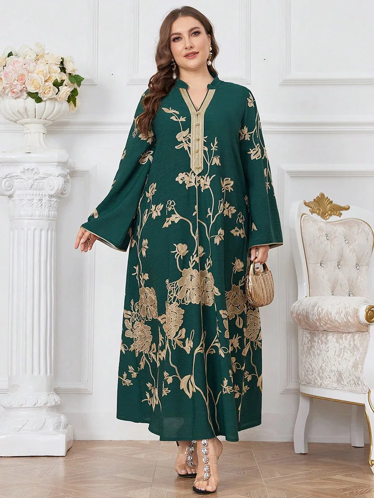 Ramadan Abayas สําหรับผู้หญิงมุสลิมพิมพ์ Maxi ชุดตุรกี Kaftan ดูไบอาหรับ Robe PLUS ขนาด V คอโมร็อกโก Caftan Eid Djellaba