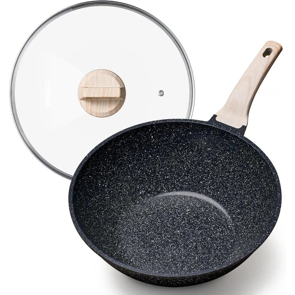 

C Stick Wok с крышкой 12 дюймов/5,3QT Woks и сковороды для жарки с антипригарным покрытием, гранитная сковорода вок, индукционная посуда, сковорода, совместимая