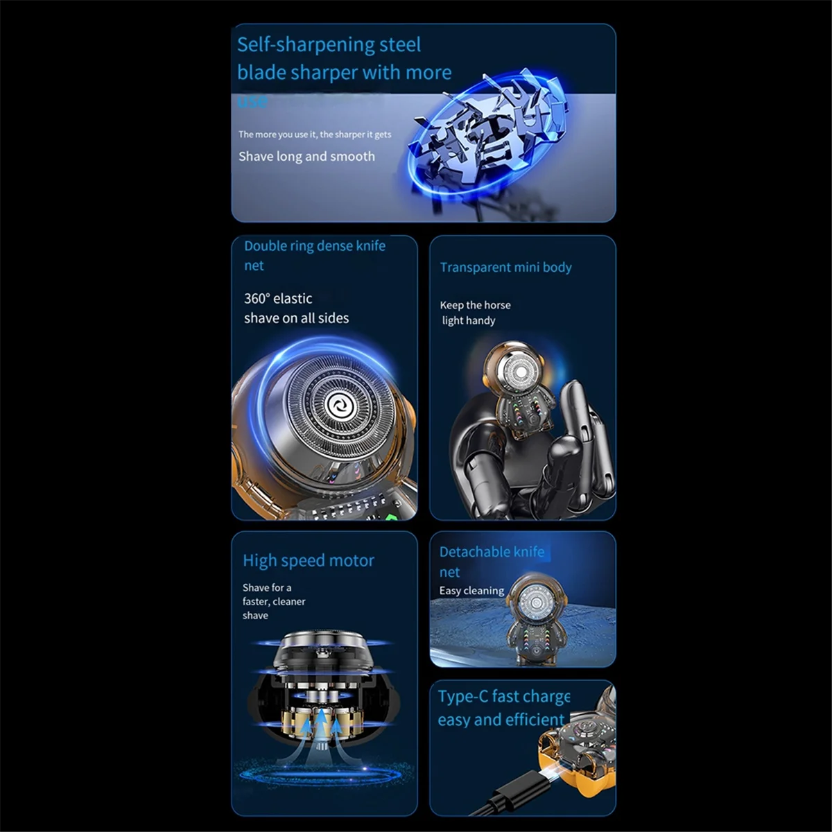 AstronsomElectric-Rasoir électrique pour homme avec lumière RVB, portable, USB, mini rasoir de voyage B