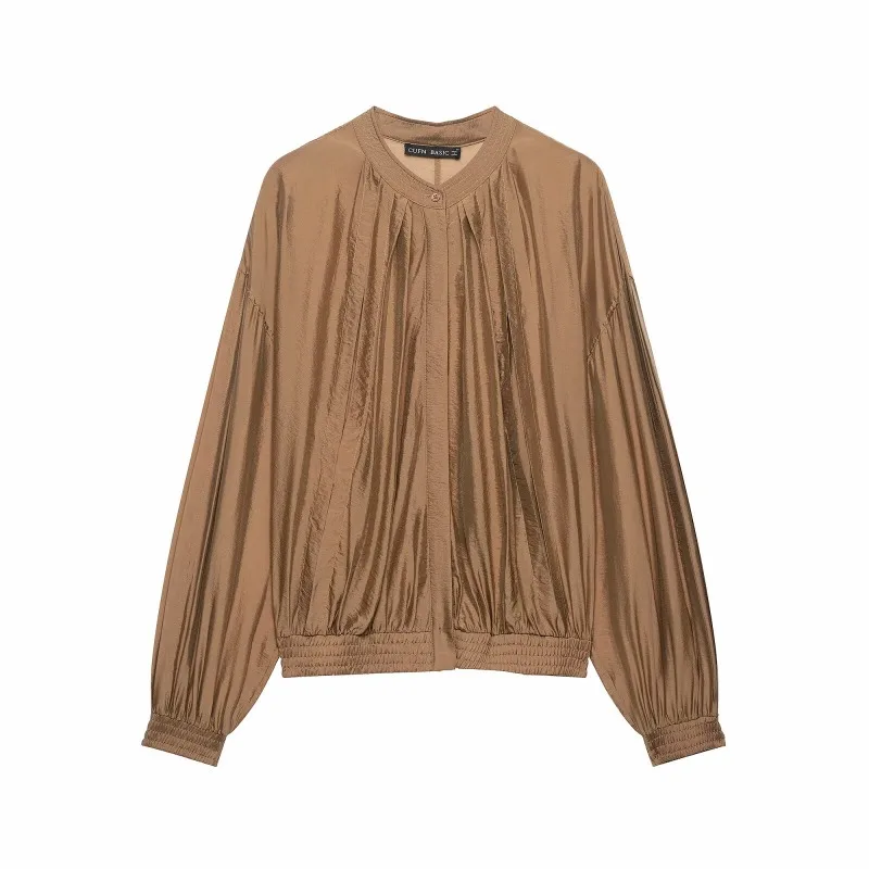 CHARMCHANT Women's Stand Collar Puff Sleeve Satin Blouse Cuff Hem Loose Cropped Shiny Woven Shirt Minimalist Casual Summer 2026