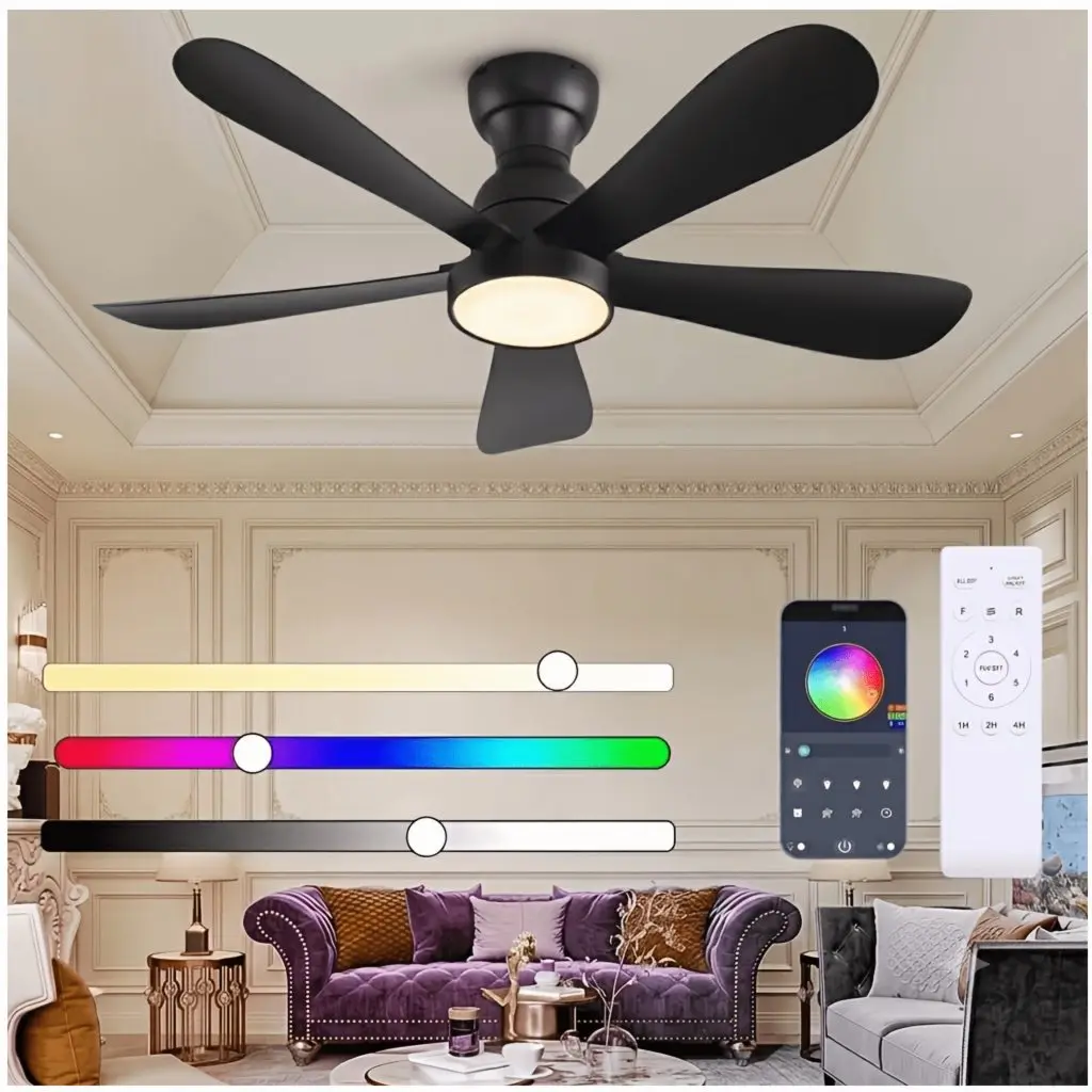 42-inch Modern Flush-Mount Ceiling Fan with RGB Dimmable Light & Quiet Operation — Remote + App Control, Indoor/Outdoor Use, Com
