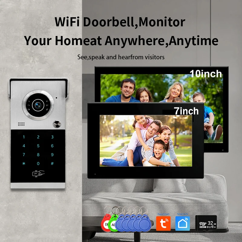 ANJIELO-sistema de videoportero con timbre de Metal, pantalla táctil de 10 pulgadas, 4 en 1, desbloqueo, protección de seguridad, Tuya Smart