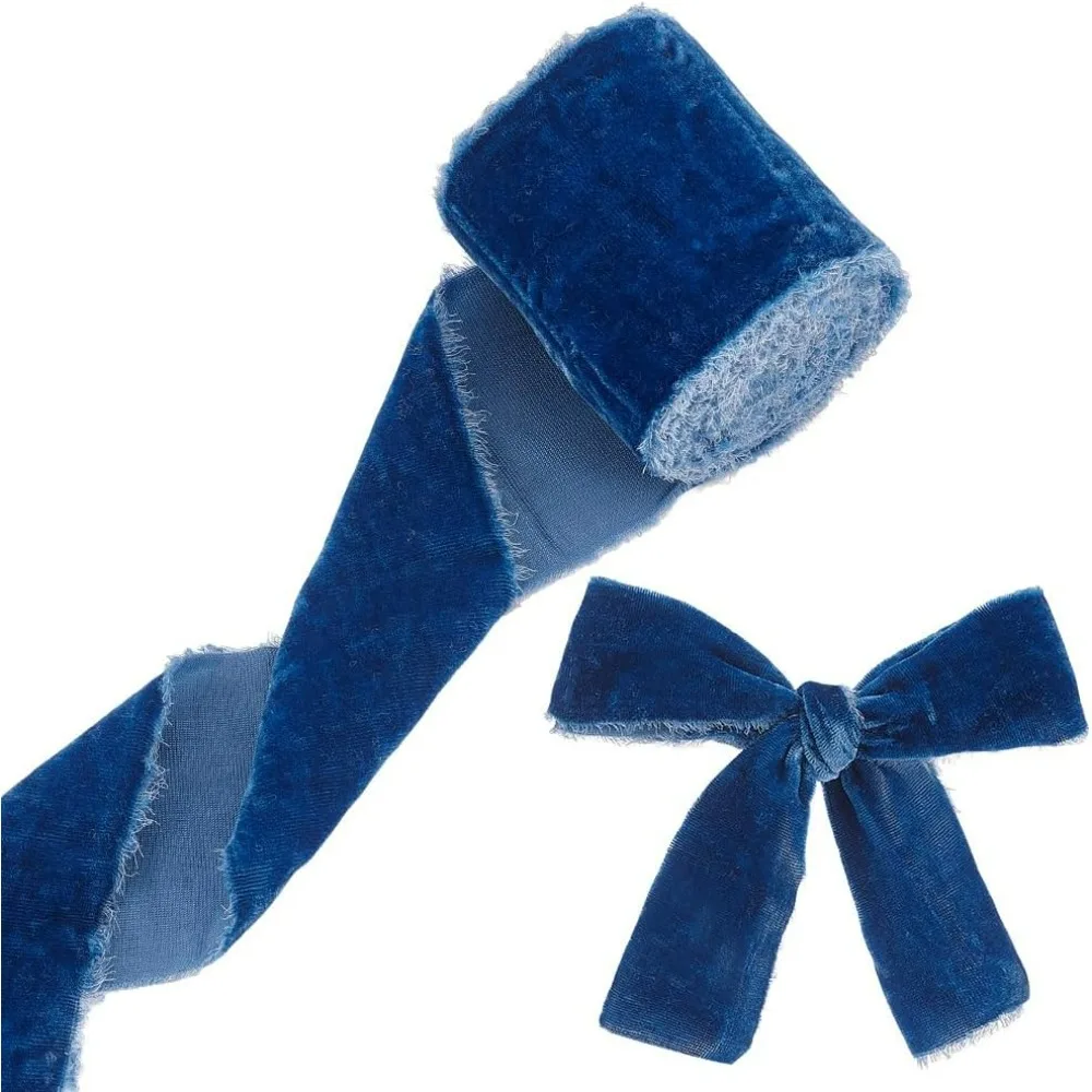 3 Yards Blue Silk Velvet Ribbon Raw Edge Silk Velvet  3 Inch Wide Handmade Fring 1mm Thick Frayed Velvet