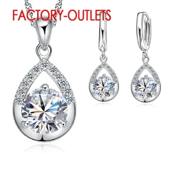 Hot Sale 925 Sterling Silver Bridal Jewelry Sets Romantic Crystal Water Drop Necklaces Hoop Earrings Women Party Engagement