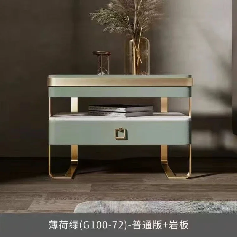 Modern Bedside Table Solid Wood Night Stands Tempering Glass Nightstands Simple Torage Cabinet with Slate for Bedroom Furniture