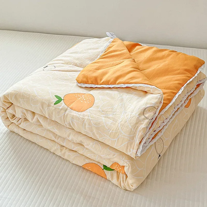 Orange Summer Quilts Washable Lace Kids Adult Single Double Queen Size Bed Thin Comforter Cute Cartoon Blanket for Girft