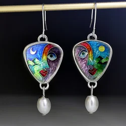 Retro Ethnic Style Pearl Earrings Hand Carved Female Statue Sun Moon Moon Asymmetry Enamel Glaze Dangle Earrings Jewelry