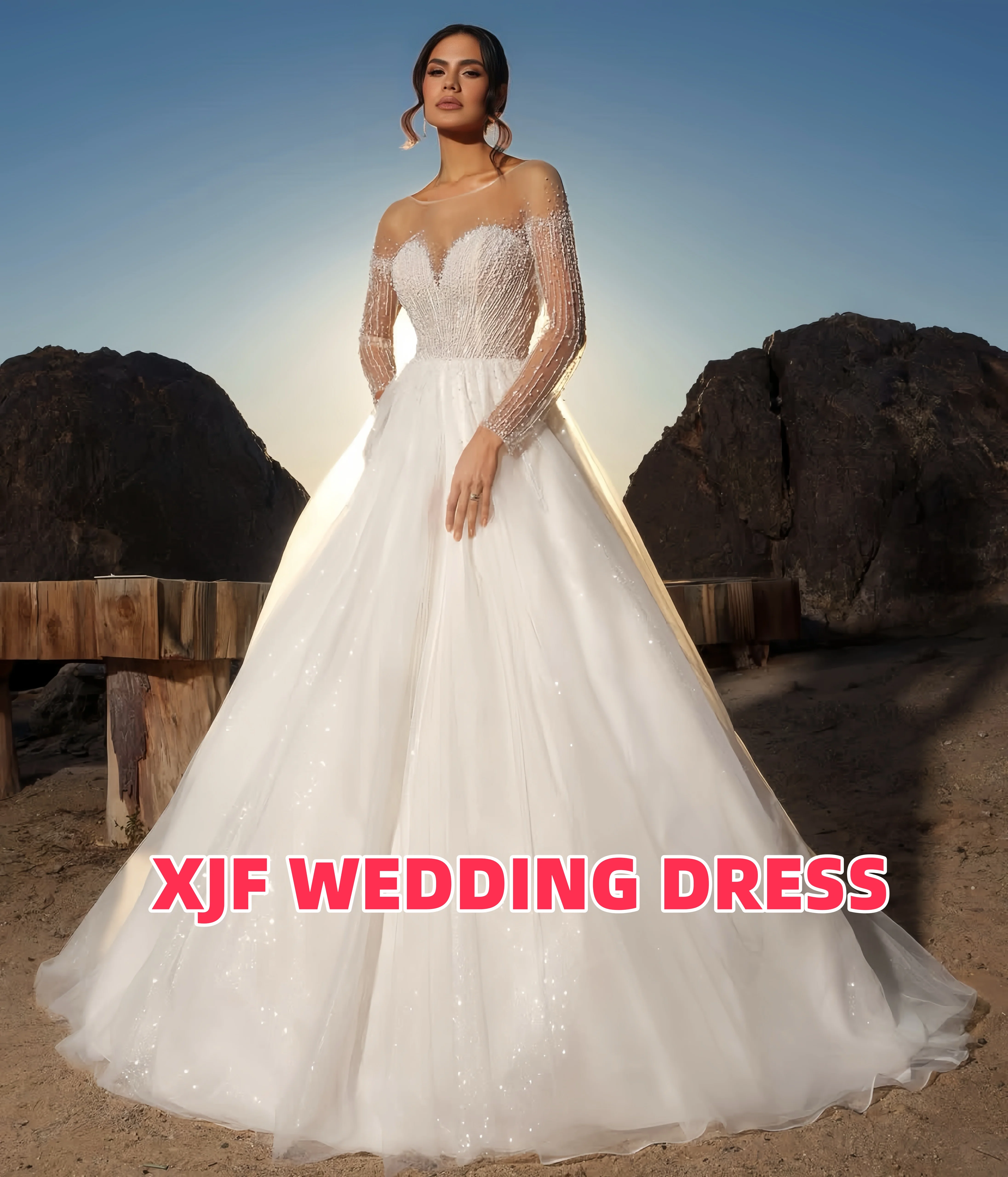 

Роскошное свадебное платье трапециевидной формы с длинными рукавами и бисером, расшитое бисером, Vestidos De Novia для невест