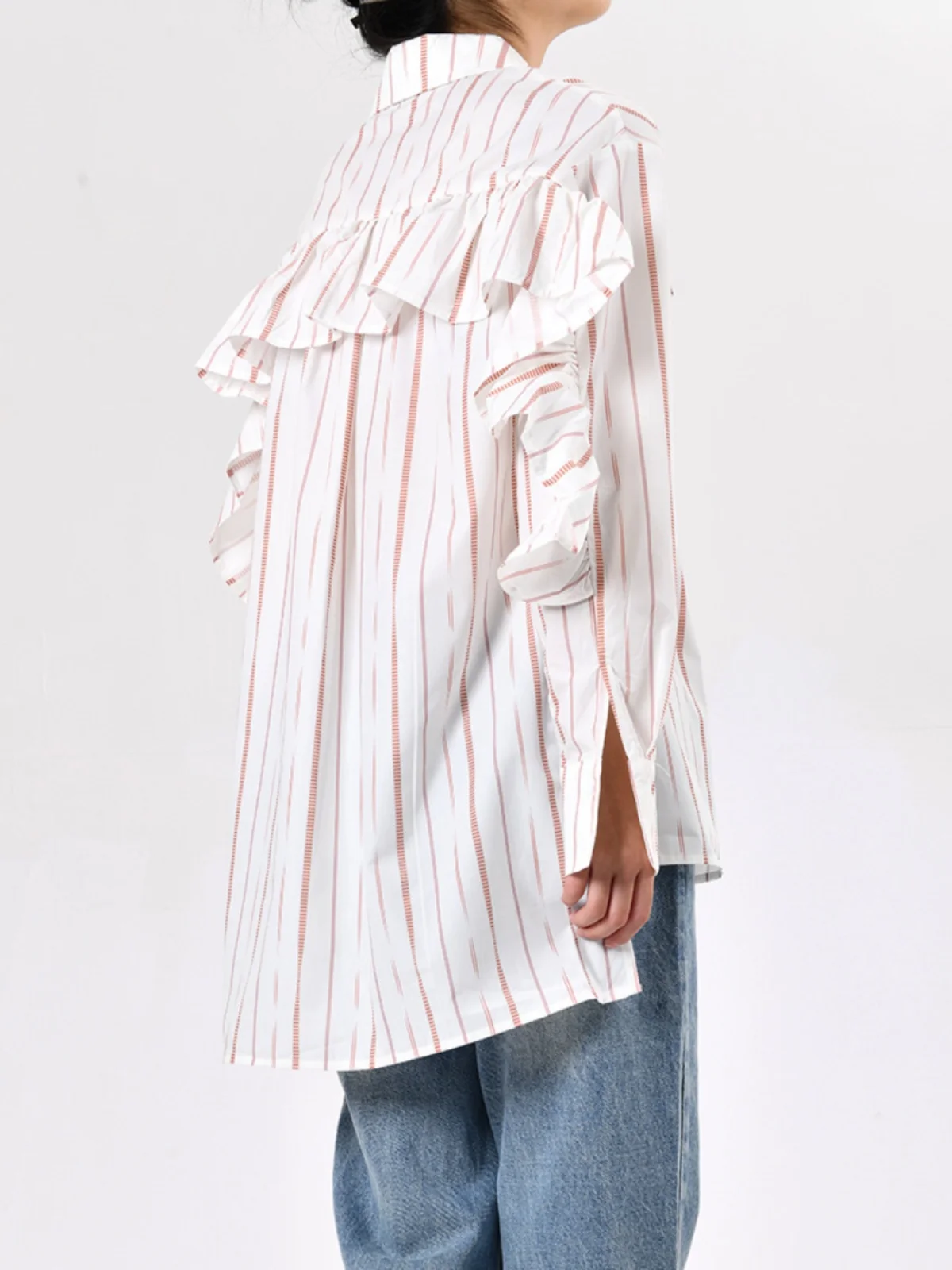 

Женская винтажная полосатая рубашка STUDIO средней длины, свободного кроя, из дышащего хлопка, с длинными рукавами, воротником и цветочным узором по низу