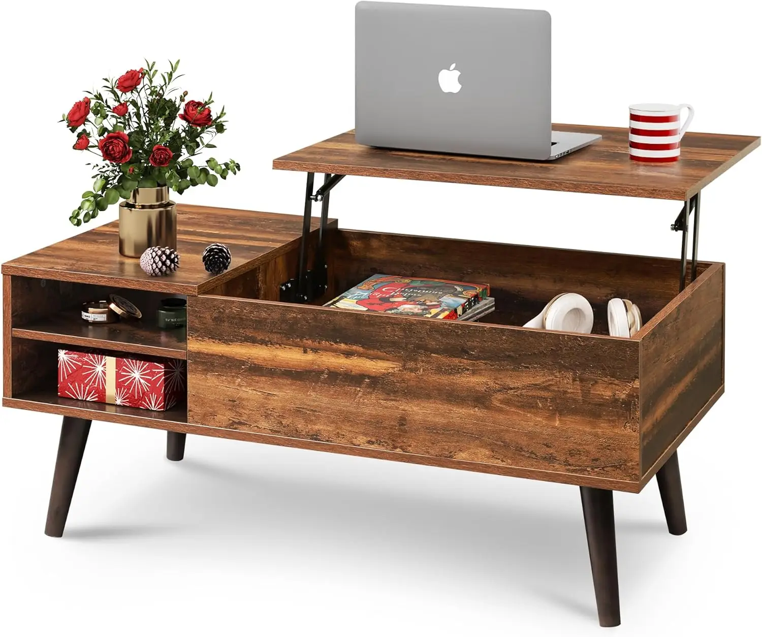 Wood Lift Top Coffee Table with Hidden Compartment and Adjustable Storage Shelf,Lift Tabletop Dining Table for Home