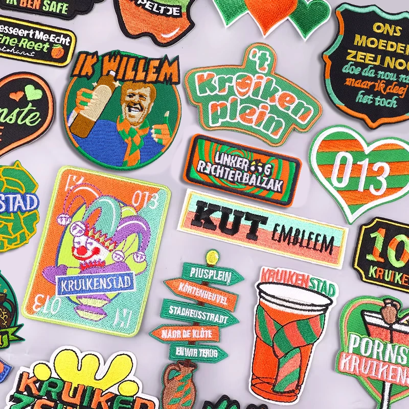 Parches bordados en verde y naranja con emblema de Carnaval Kruikenstad para apliques de ropa, regalo de celebración, parche para planchar en ropa