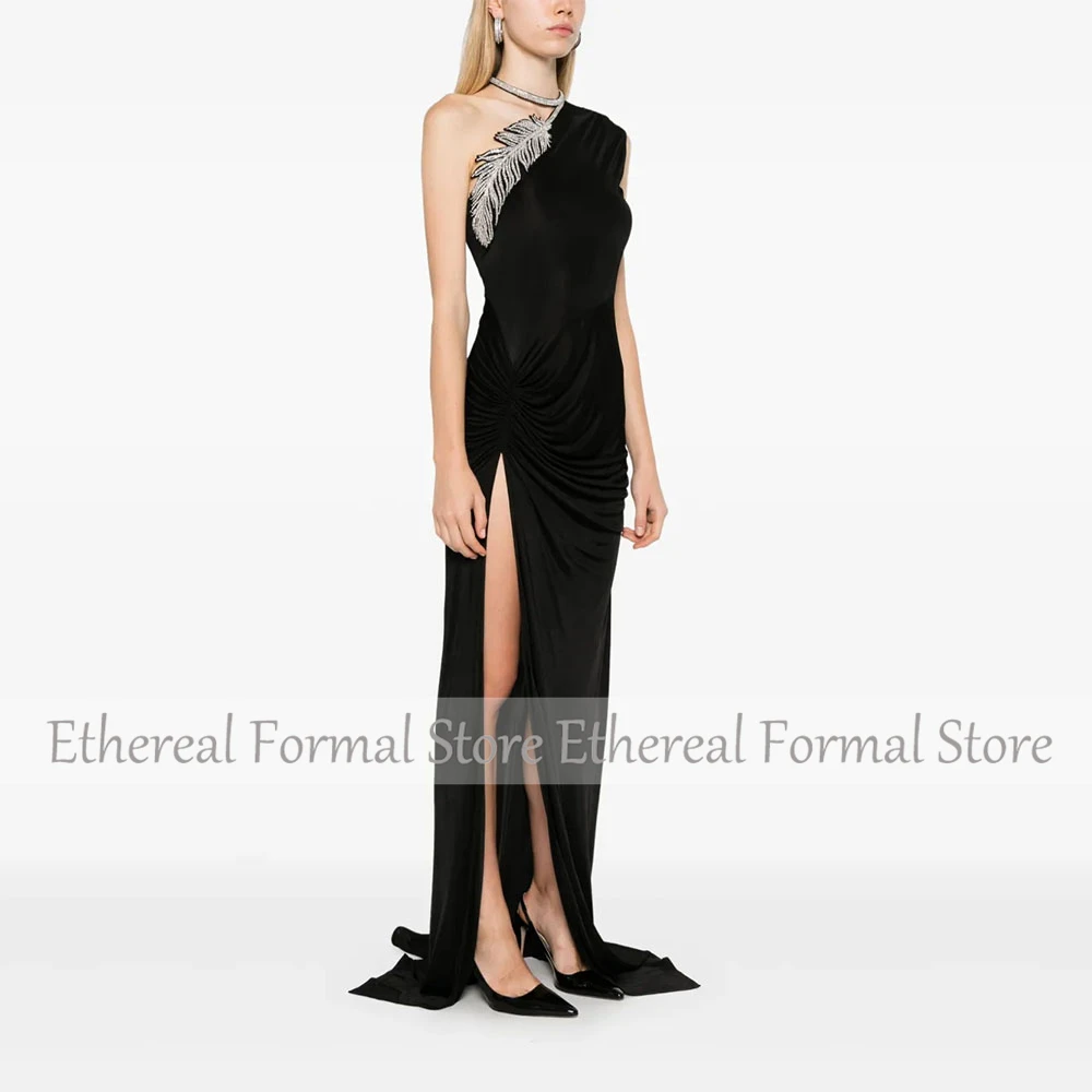 Modern Women's Evening Gown Mermaid Floor Length Formal Party Dress One Shoulder Beading Saudi Dress Sleeveless Prom Dress