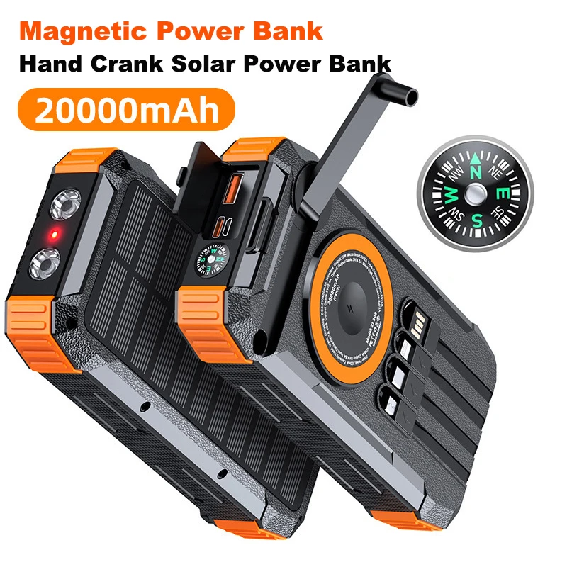 

Hand Crank Solar Power Bank 20000mAh with Light Magnetic Wireless 22.5W Fast Charging Powerbank for Airpods iWatch for iPhone 17