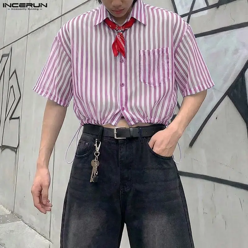 

INCERUN Men's Striped Crop Shirts Lapel Short Sleeve Drawstring Casual Men Clothes Loose Streetwear Stylish Camisa Tops For Man