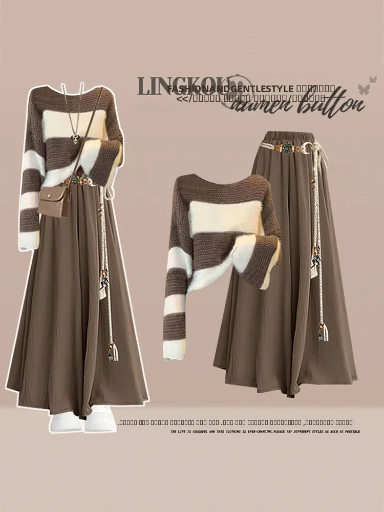 

plus Size Spring Vintage Striped Knitwear Sweater High Waist Slimming Casual Pants Two Piece Set Women's Faion Ensemble