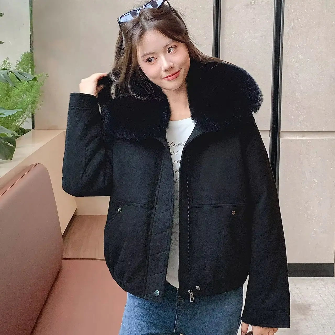 2026 Women Winter Suede Parka Short Coat Detachable Faux Fox Fur Collar Elastic Hem Pockets Ladies Quilted Jacket Outer Garmen