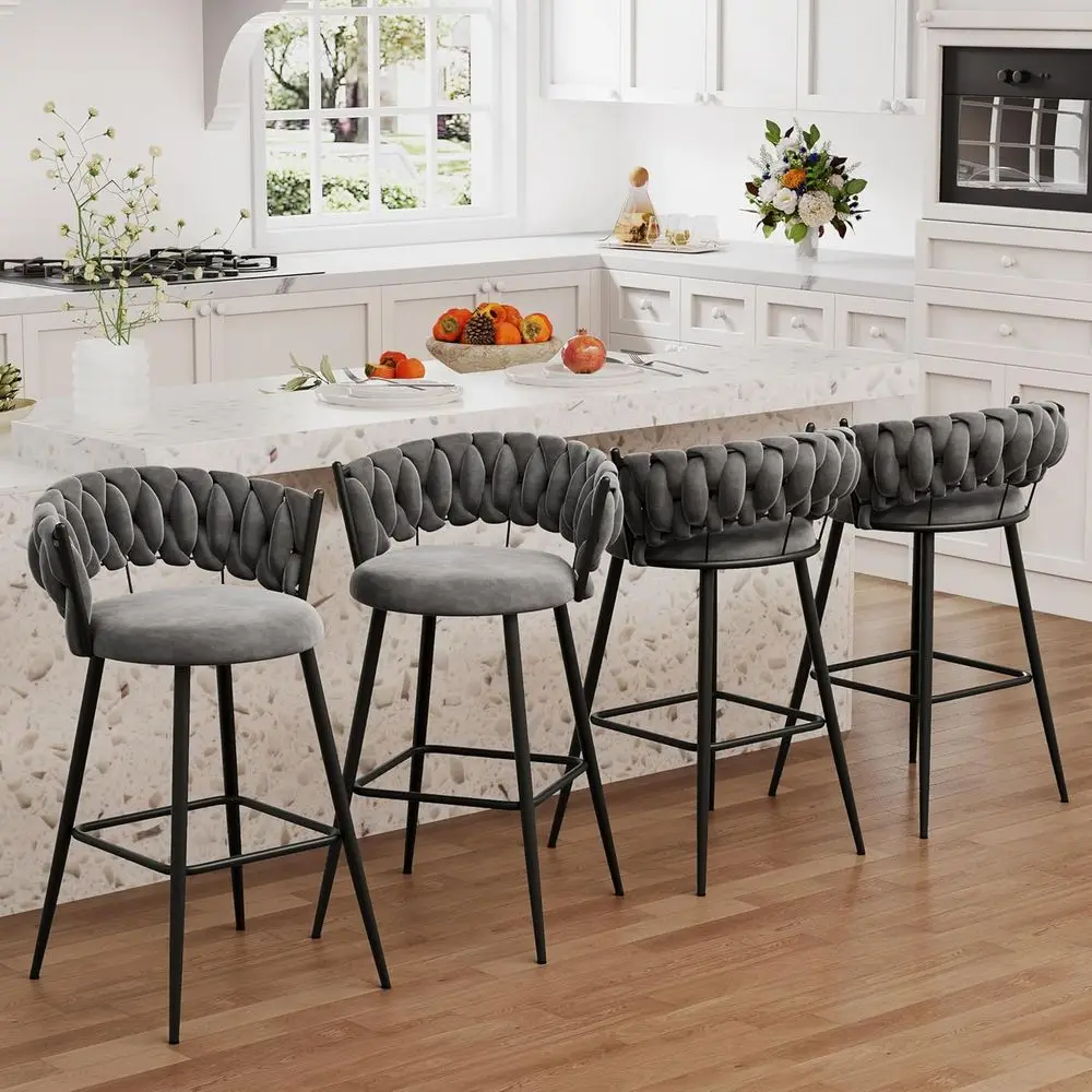 Set 4 Kursi Bar Tinggi Model Counter Warna Abu-abu Muda Modern dengan Sandaran Anyaman