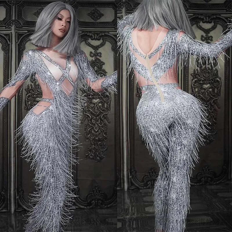 

Gray Sequin Fringe Jumpsuit Nightclub Bar Ds Performance Costume Gogo Dancer Clothing Drag Queen Outfit Tassel Bodysuit VDL1130