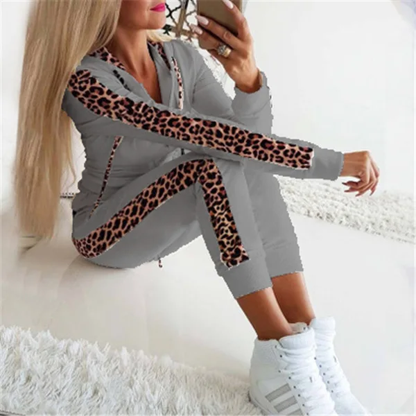

Cross Border Leopard Print Pattern Hooded Cardigan Zipper Sweatshirt Autumn Women's Top Casual Pants Pants Wholesale