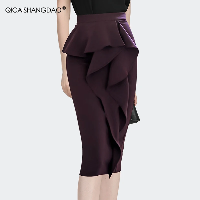 Fashion Purple Ruffles Womens Pencil Skirt Spring Summer New High Waist Mid-Length Sexy Elegant Office Ladies Wrapped Skirts